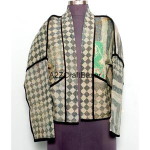 Chaqueta Reversible Acolchada Hecha a Mano para Mujer, 100% Algodón, con Estampado Floral, Cuello en V, Cierre con Cinturón, Estilo Formal para Otoño/Invierno - Product Image 1