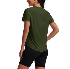 Camiseta de Manga Corta para Mujer, Color Verde Oliva Sólido, Cuello Redondo, Corte Regular, Secado Rápido, Transpirable, Ecológica, Tejida, con Botones, 100% - Product Image 1