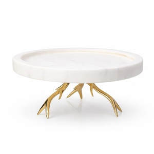 Bandeja Redonda de Mármol Premium con Soporte de Asta de Ciervo Dorada, Bandeja de Servicio de Lujo para Bodas y Fiestas - Product Image 1
