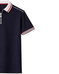 Polo de manga corta azul marino para hombre con cremallera de un cuarto, cuello acanalado en contraste, informal, para verano, mezcla de algodón, personalizado. - Product Image 3