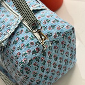 Blue Floral Quilted <b>Duffel</b> <b>Bag</b> With Striped Handles Zipper Closure Portable Travel Weekender <b>Bag</b> - Product Image 3