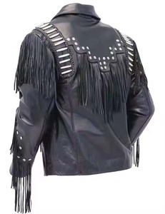 Veste en cuir véritable noir de qualité supérieure pour homme avec franges et clous argentés, style motard, col rabattu, personnalisation disponible - Product Image 4
