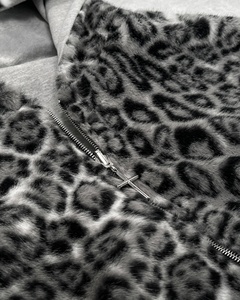 Reversible Heavyweight Zip Up Hoodie Faux Fur Leopard Print Grey Fleece Jacket Cross Zipper <b>Puller</b> Minimalist Chest Text Hoodie - Product Image 5