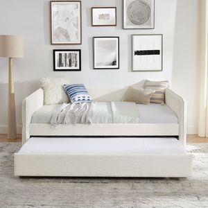 Divano letto matrimoniale in tessuto bouclé con letto estraibile, imbottito e trapuntato, beige (210x148x75 cm) - Product Image 6