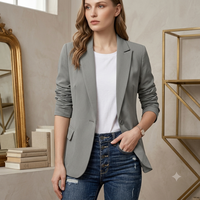 TT260529007 Blazer Kasual Wanita Kerah V Kancing Tunggal, Jaket Jas Musim Gugur Musim Dingin, 100% Poliester untuk Kerja atau Perjalanan