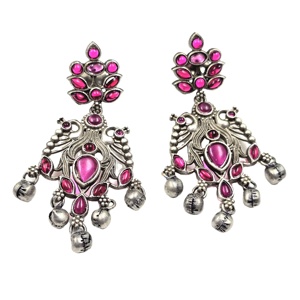 ต่างหูทองเหลืองออกซิไดซ์รูปนกยูงทรงหยดน้ำประดับพลอยสีแดงทับทิมชุบเงินโบราณสำหรับงานแต่งงาน - Product Image 1