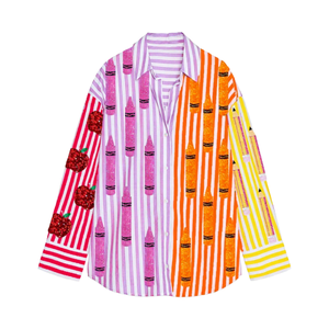 Chemise décontractée oversize patchwork pour femme, style printemps-été, avec col rabattu en coton crayon, idéale pour la rentrée scolaire - Vente en gros - Product Image 3