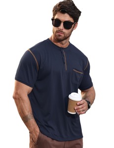 Camiseta Henley de Manga Corta para Hombre, Color Azul Marino, con Ribete en Contraste, Corte Regular, Estilo Casual, Tejido de Punto, Color Sólido, Diseño de Cuello Redondo - Product Image 1