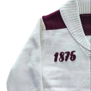 Custom Alabama A&M |AAMU University <b>Cardigan</b> PEARLED IVORY Shawl Collar V-Neck Maroon White Wool/Acrylic Button Women's Winter - Product Image 5