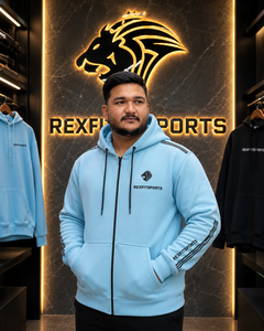 REXFITSPORTS 2026 Sweat à capuche unisexe personnalisé bleu ciel avec fermeture éclair intégrale, 280-300 GSM, en molleton de coton et polyester, veste décontractée pour la gym et le streetwear - Product Image 5