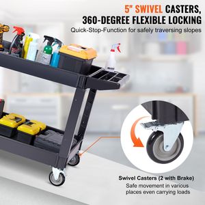Carrello multiuso in plastica resistente a 2 ripiani da 550 libbre con ruote girevoli a 360° (2 freni)-La - Product Image 3