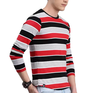 Customized <b>Men's</b> Fashion <b>Black</b> & <b>Red</b> Striped Full Sleeve T <b>Shirt</b> High Quality 100% Cotton Knitted Fabric <b>Shirt</b> - Product Image 3