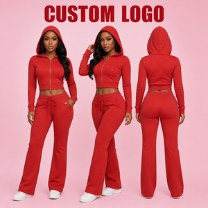 Ensemble survêtement femme 2 pièces avec logo personnalisé : pantalon de jogging et sweat à capuche court zippé 2026 - Product Image 1