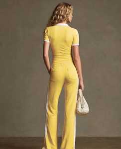 Ensemble 2 pièces jaune pour femme, haut à manches courtes et col en V et pantalon long, survêtement sportif - Product Image 4