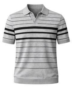 เสื้อโปโลชายลายทางสีเทาและดำ แขนสั้น ชายเสื้อแบบริบ ทรงเข้ารูป สไตล์ลำลอง ผลิตจากผ้าฝ้ายผสม รับผลิตตามแบบ OEM - Product Image 1