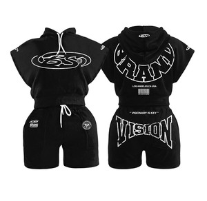 Conjunto de chándal de mujer de peso pesado 400g, estilo streetwear, con lavado, top corto con cremallera, pantalón jogger acampanado y sudadera con capucha con cordón, con logotipo personalizado - Product Image 6