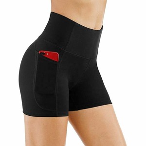 Shorts noirs taille haute pour femmes, couleur unie, taille élastique, style sportif, tissu tricoté avec poches, coupe régulière - Product Image 2