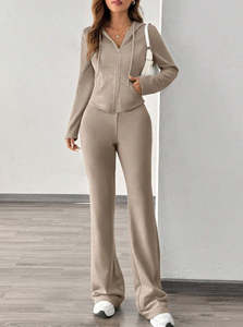 Ensemble de survêtement d'hiver pour femmes grande taille, couleur unie, sweat-shirt 100% coton avec pantalon de jogging deux pièces - Product Image 4