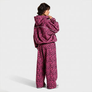 Womens Fashion Pink Leopard Print Contrastline Tracksuit Fleece Hoodie Wide Leg Jogger <b>Set</b> Oversized Casual Streetwear Two Piece - Product Image 2