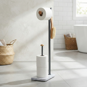 Porte-papier toilette Pristine TS233 au design moderne, mobilier de salle de bain taïwanais, base en MDF à motif marbre, revêtement en poudre métallique - Product Image 2