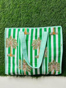 Sac fourre-tout matelassé en coton, rayures vertes et blanches, imprimé palmiers, style bohème, sac de plage, usage estival, ouverture supérieure, grande capacité - Product Image 2
