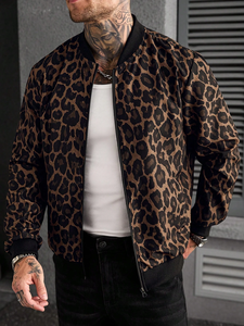 <b>Men</b> Leopard Print Bomber Jacket Brown Animal Print Zip Up Fashion Jacket Streetwear Cheetah Pattern Bomber Wholesale - Product Image 6