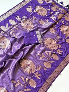 Sari de créateur pour femme en crêpe de Khaddi de qualité supérieure, en tissu Chinya scintillant, tissage jacquard, teint à la main, couleur unie - Product Image 3