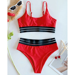 Conjunto de Bikini Rojo para Mujer, Top Bandeau, Braguita de Cintura Alta, Ribete en Contraste, Traje de Baño de Spandex y Poliéster - Product Image 1