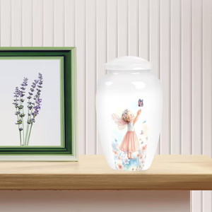Urna Funeraria Blanca para Bebé con Diseño de Hadas, Estilo Europeo, Recuerdo con Tapa Segura y Arte Personalizable - Product Image 1