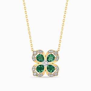 Flower Pendant Necklace With <b>Emerald</b> Cut Green Stones And Round Brilliant Cut Diamonds In Yellow Gold For Women's Everyday Wear - Product Image 2