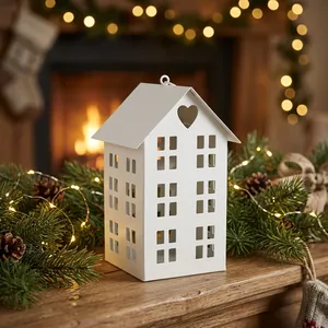 Portavelas de Hierro con Forma de Casa Blanca, Diseño Artesanal, Decoración Navideña para el Hogar, Ligero, Diseño Cuadrado, Modelo CH885 - Product Image 1