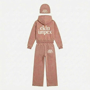 Ekin Impex Wholesale Custom Logo Acid Wash Unisex 3 Piece Rhinestone Sweatsuit Set Raw Frayed Hem Cropped Zip Hoodie <b>Distressed</b> - Product Image 4