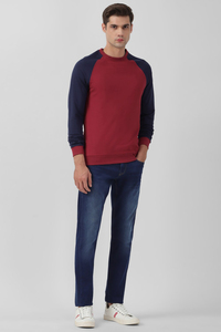 <b>Men's</b> <b>Red</b> and Navy Raglan Sleeve Crew Neck Pullover <b>Sweatshirt</b> Regular Fit Knitted Solid Color Casual Autumn Wear - Product Image 4