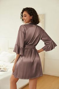 Ensemble de peignoirs en soie pour femmes, couleur unie, pour l'été, col en V, 2 pièces, robe de mariée, peignoir en satin avec poches - Product Image 2