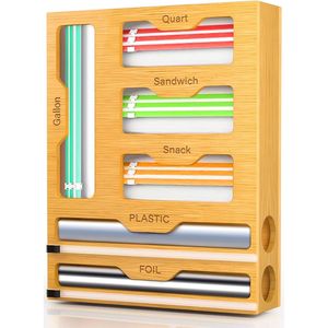 Organizzatore per cassetti da cucina 6 in 1 in bambù con dispenser per pellicola trasparente e sacchetti per alimenti, contenitore per la conservazione - Product Image 1