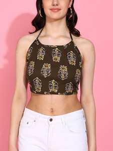 Ensemble long 2 pièces en coton imprimé floral à la main, taille unique, couleur marron, élégant, ethnique, pour femme, tissu respirant, formel, été - Product Image 2