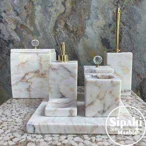 Ensemble d'accessoires de salle de bain de luxe en marbre 5 pièces, ensemble de meubles de salle de bain en pierre naturelle, marbre beige, blanc ou gris, décoration de salle de bain - Product Image 6