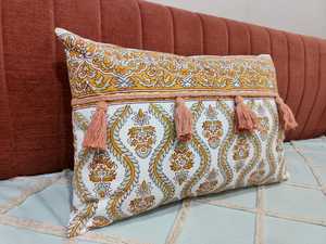 Handcrafted Block Print Floral Lumbar <b>Cushion</b> <b>Cover</b> with Tassels and Braided Trim - Product Image 1