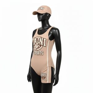 Maillot de bain une pièce pour femme en nylon et élasthanne 240 GSM de qualité supérieure, beige, avec empiècements sportifs et logo personnalisé par transfert thermique - Product Image 4