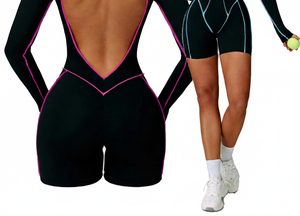 Conjunto de yoga acanalado sin costuras transpirable para mujer, 2 piezas: sujetador deportivo tipo racerback y shorts de ciclista de cintura alta con bloques de color, Spandex/Nylon - Product Image 4