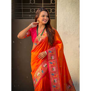 Sari en soie douce orange Swan Rajhans Paithani, vêtements indiens et pakistanais - Product Image 5
