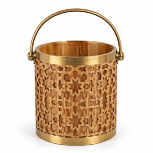 Seau à glace rond traditionnel artisanal Aqdus Saleem en bois Mashrabiya avec poignée en laiton - Vente en gros - Product Image 1