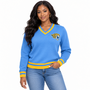 เสื้อสเวตเตอร์คอวี Southern University Jaguars แบบสั่งทำพิเศษ HBCU สีน้ำเงินโคลัมเบีย ปักลายทอง  เสื้อถักแบบสวมหัวสำหรับวิทยาลัย ขายส่ง - Product Image 3