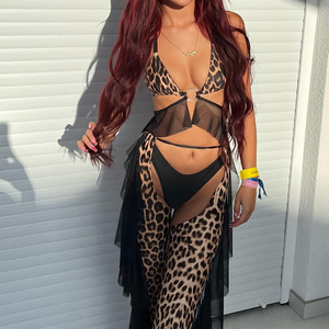 Women's <b>Sexy</b> Woven Lingerie Leopard Print <b>Set</b> Sleeveless Sheer Underwear with Long Pants Light Control Thin Party <b>Set</b> - Product Image 6