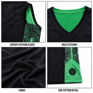 Ensemble de maillots de basket-ball réversibles personnalisés, noir et vert, imprimé géométrique, col en V, sans manches, évacuation de l'humidité, uniforme en mesh unisexe pour adultes - Product Image 6