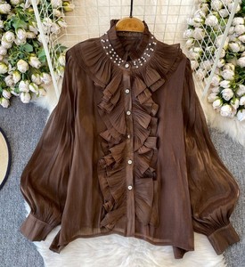 Chemisier vintage pour femme avec volants, col Peter Pan, manches ballon, superposition transparente, coupe ample, haut printemps-été - Product Image 2