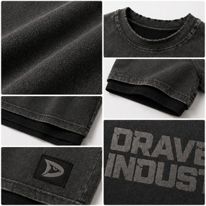 T-shirt Streetwear Y2K Oversize en Gros – Tee-shirt en Coton Délavé Gunmetal à Superposition et Découpes avec Imprimé Graphique Craquelé - Product Image 6