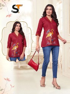 Kurta en coton blanc infroissable pour femme avec broderie flamant rose, coupe décontractée, style Inde-Pakistan, toutes saisons - Product Image 3