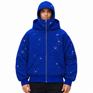 Sudadera con capucha extragrande para hombre con cremallera frontal y pedrería, forro polar térmico grueso, estilo urbano de invierno, con capucha tipo máscara, cordón ajustable y bolsillo canguro, personalizable - Product Image 6