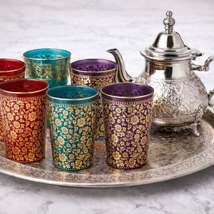 Juego de té marroquí de lujo, 6 vasos, un bandeja, una tetera, en caja de regalo - Product Image 1